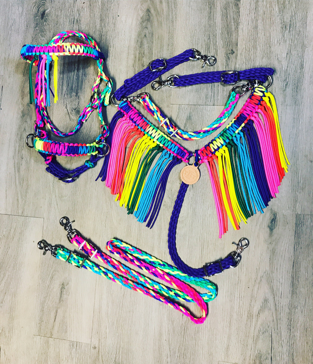 Rainbow Fringe Tack set with bitless bridle Tiffanys Braided Tack
