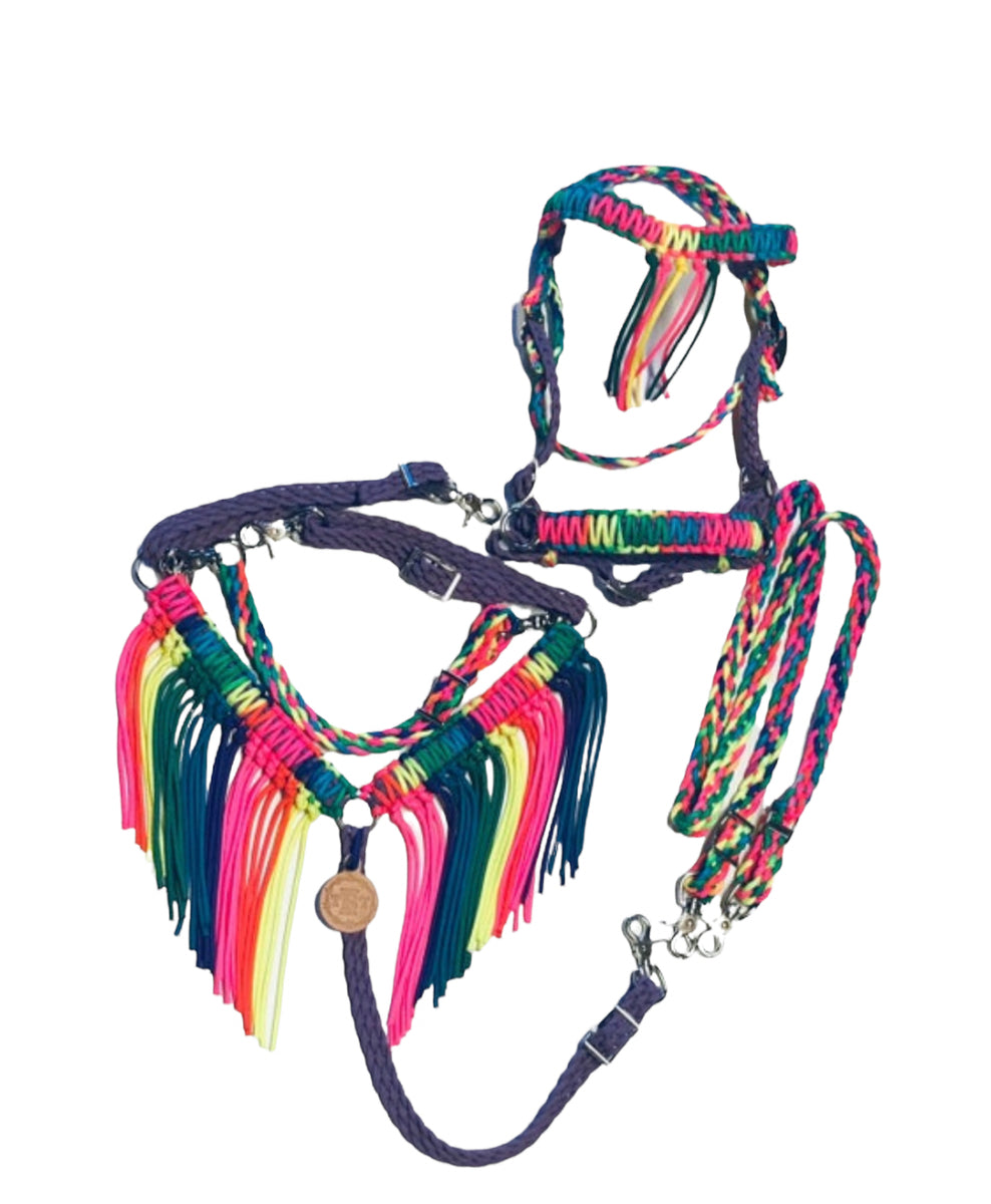 Rainbow Fringe Tack set with bitless bridle Tiffanys Braided Tack