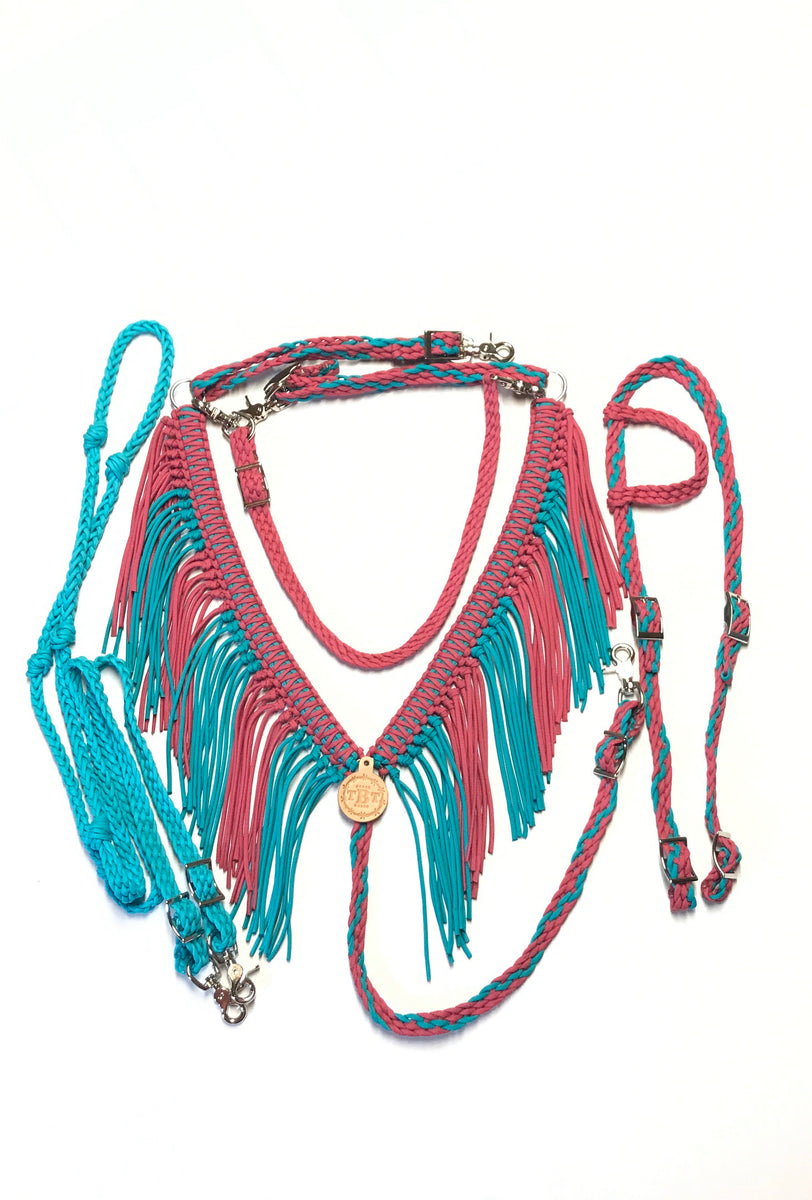 Fringe Breast Collar tack set Fuschia and green turquoise Tiffanys