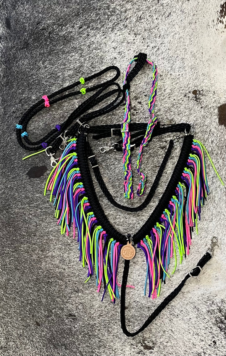 Fringe Breast Collar horse tack set Neon and Black