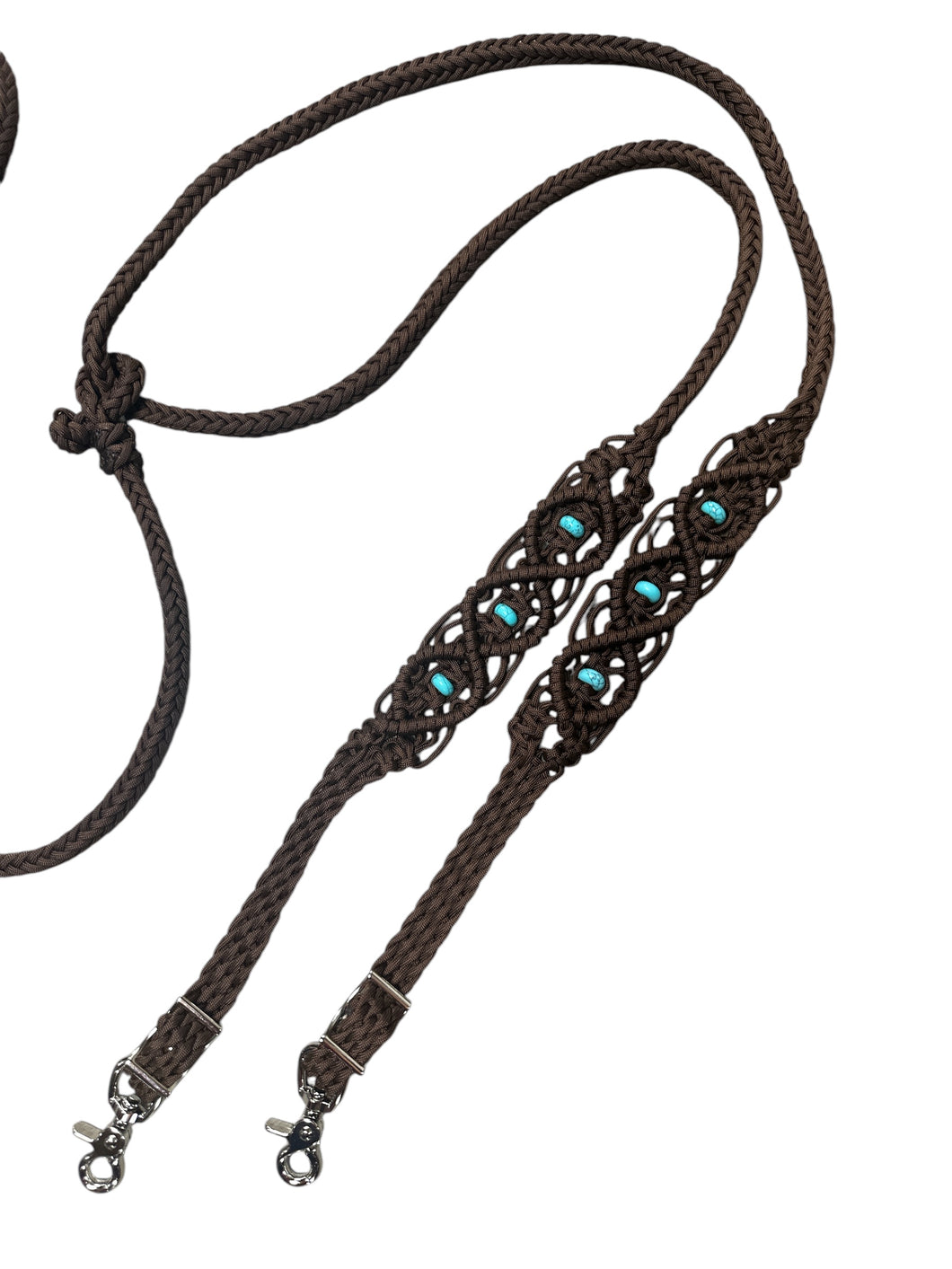 8' Fancy  braided beaded walnut loop reins with turquoise howlite and a romal.