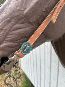 Teal leather tack set one ear and tripping collar.