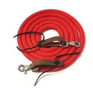 Red Yacht rope reins with brown or black leather water loops teal