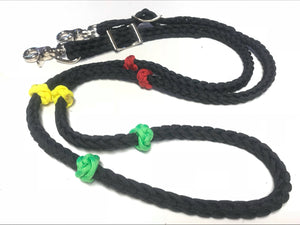 Training Lesson Reins (multiple lengths and colors available) black with red yellow and green knots