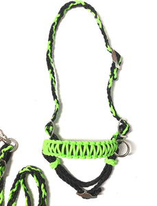 Lime green and black tack set all sizes ,  (breast collar, wither strap, reins, and bitless bridle)