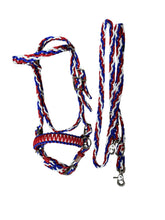 complete bitless bridle side pull with reins red white and blue …pony, Cob, Horse or Draft horse size (you pick your size)