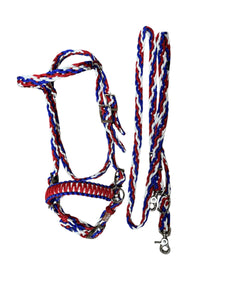 complete bitless bridle side pull with reins red white and blue …pony, Cob, Horse or Draft horse size (you pick your size)