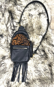 Black leather and cheetah cowhide  small sling bag