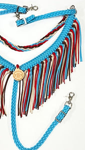 Turquoise horse tack set,  (fringe breast collar, wither strap, reins, and bridle)