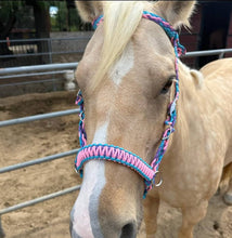 complete bitless bridle side pull hackamore with reins pink lilac and turquoise  ....pony, Cob, horse, or Draft horse size