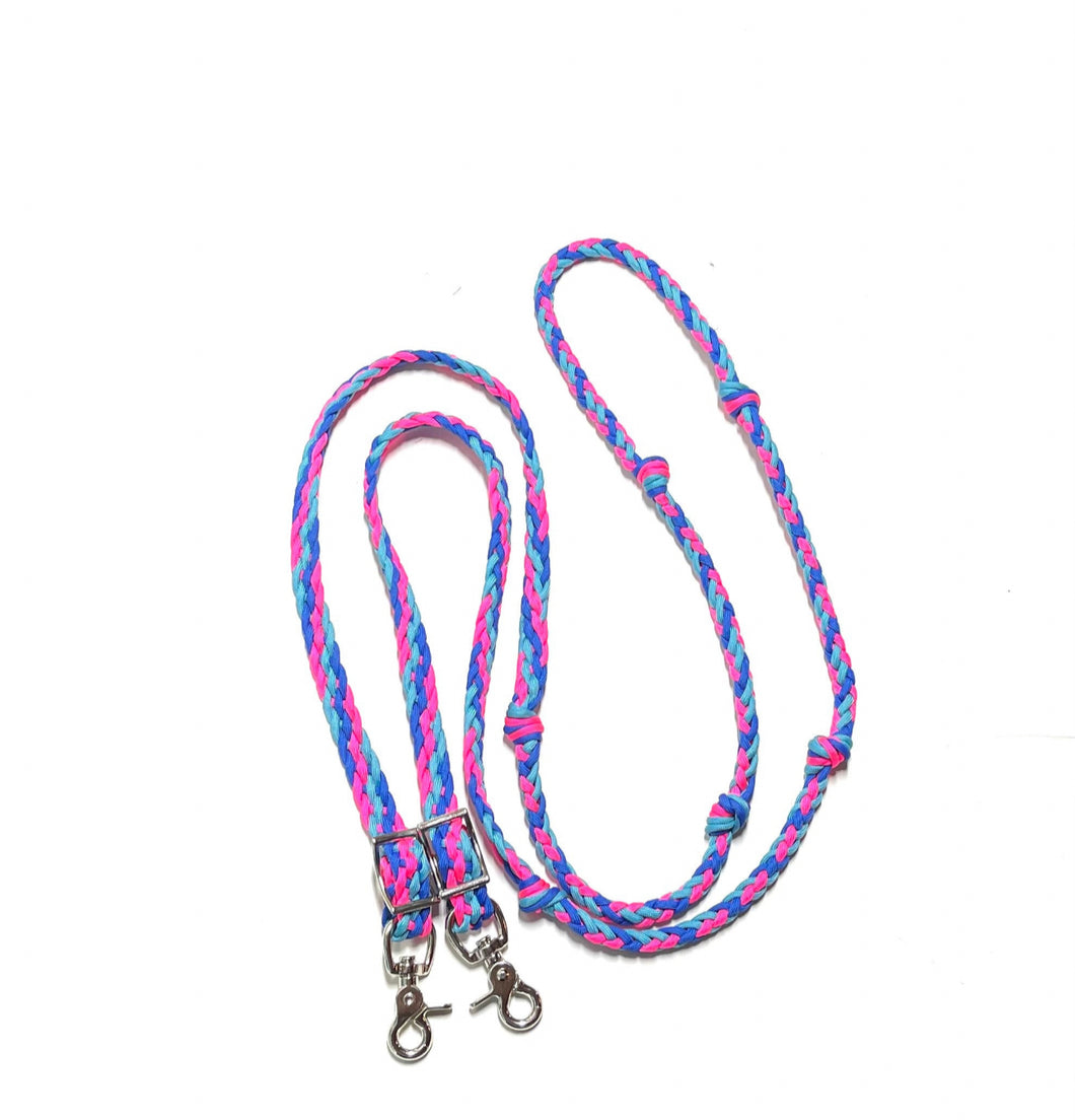 Barrel Reins in neon hot pink, royal blue, and neon turquoise,  round  with grip knots