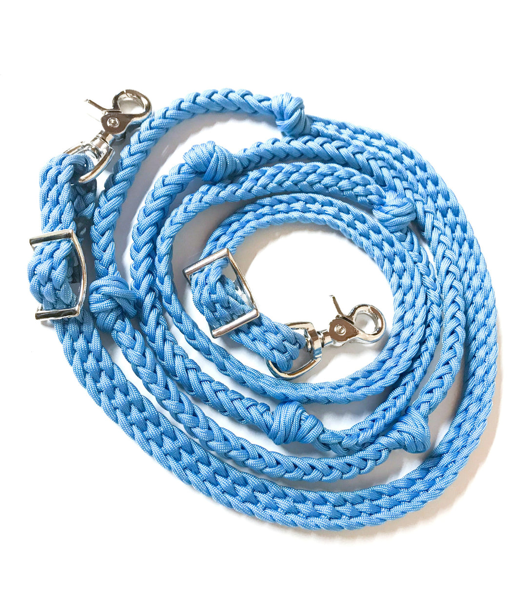 Light blue Barrel Reins, Round with grip knots