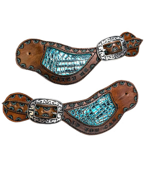 Hand tooled and painted spur straps with your custom wording stamped