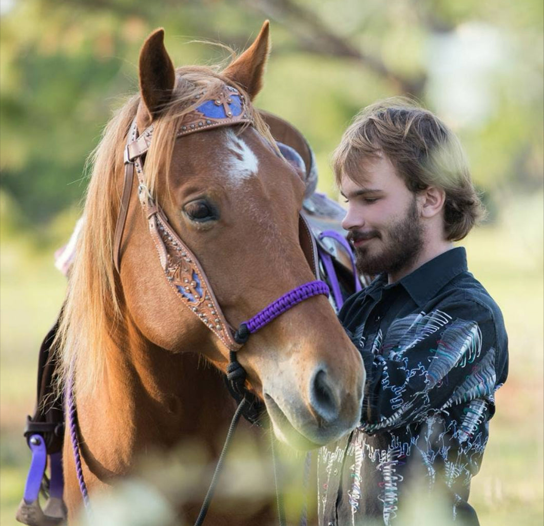 Indian Bosal braided bitless attachment small pony to draft horse size fuchsia.