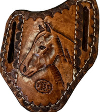 Hand tooled pancake knife sheath horse head