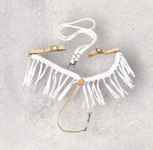 Fringe Mule tape horse breast collar with leather tugs and matching reins