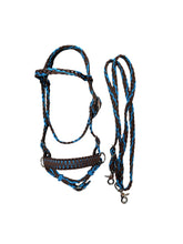 Brown and turquoise complete bitless bridle side pull hackamore with reins ....pony, Cob, Horse. or Draft horse size