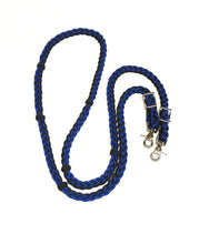 Barrel reins electric blue and black with adjustable grip knots variety of lengths 1/2"