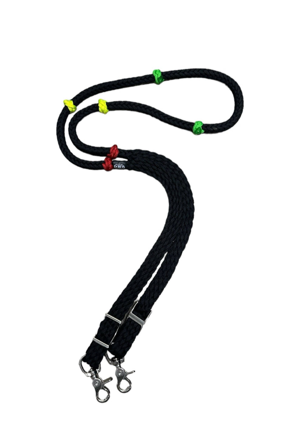 Training Lesson Reins (multiple lengths and colors available) black with red yellow and green knots