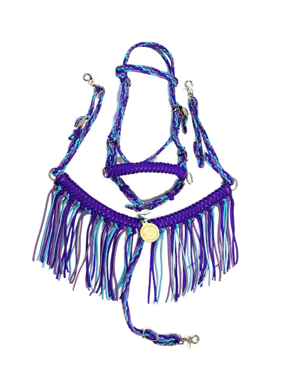 Bitless bridle and Fringe Breast Collar tack set purple, lilac ,  and turquoise