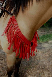 Fringe Mule tape horse breast collar with leather tugs in red