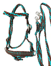 Brown and green turquoise complete bitless bridle side pull hackamore with reins ....pony, Cob, Horse. or Draft horse size