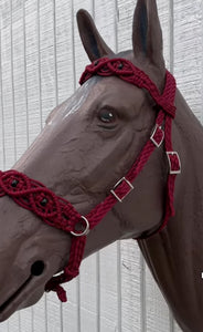 Complete bitless bridle Burgundy Beaded Browband Headstall with a fancy braided browband all sizes.