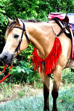 Fringe Mule tape horse breast collar with leather tugs in red