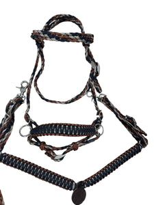 Brown black and tan  tack set all sizes ,  (breast collar, reins, and bitless bridle)