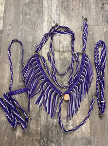 Purple horse tack set,  (tie down  set, fringe breast collar, wither strap, reins, and bridle)