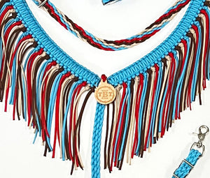 Turquoise, Red, brown and tan fringe breast collar with a wither strap