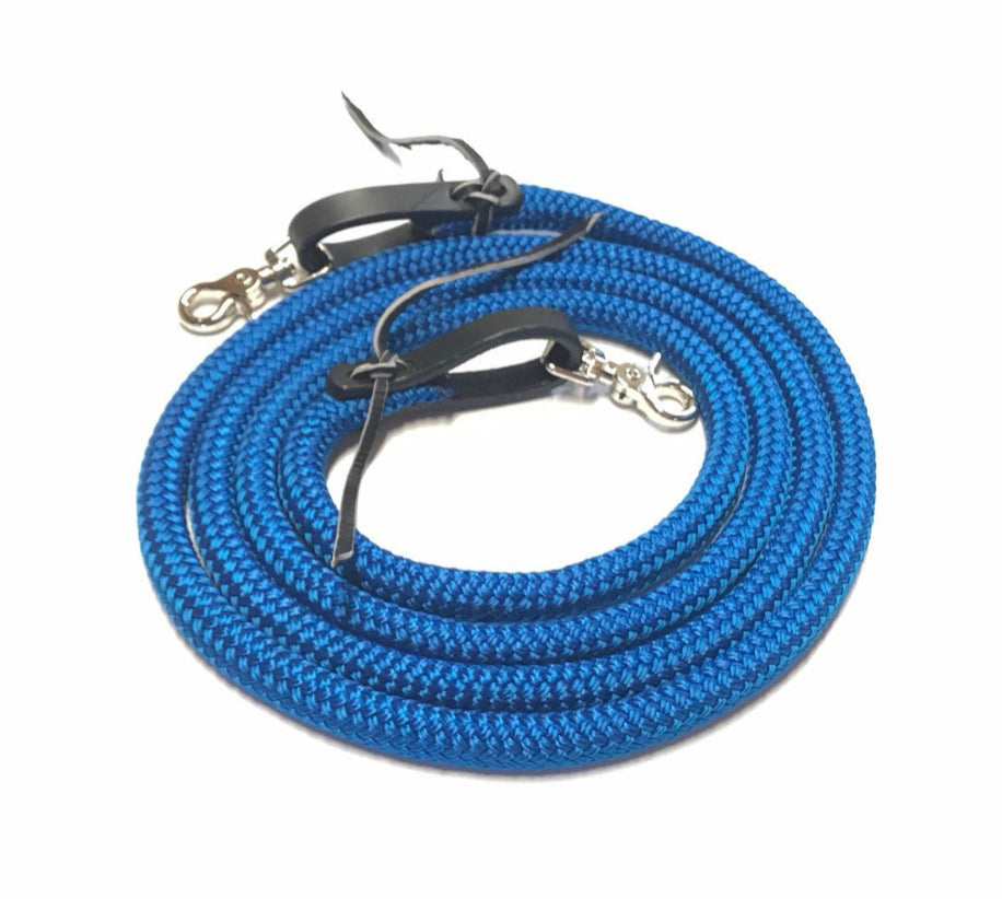 Blue Yacht rope reins with brown or black leather water loops teal