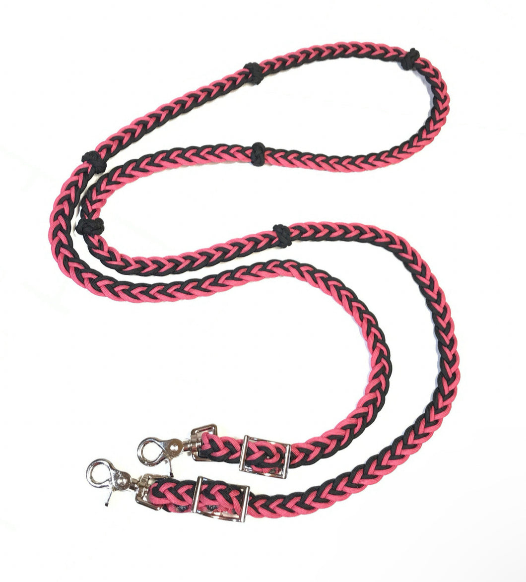 Barrel reins chocolate brown and hot pink with adjustable grip knots variety of lengths 1/2