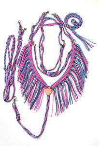 Fringe Breast Collar tack set pink,  purple and turquoise with over and under whip