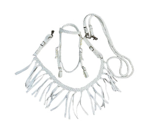 White mule tape tack set browband headstall, tripping collar, and reins