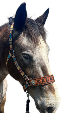 PERSONALIZED tan tribal nylon horse halter