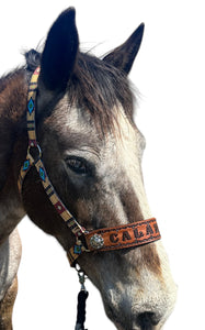 PERSONALIZED tan tribal nylon horse halter