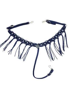 fancy macrame  fringe breast collar midnight blue  with white beads