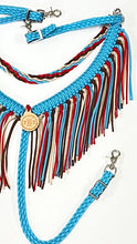 Turquoise, Red, brown and tan fringe breast collar with a wither strap