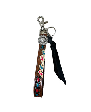 hand tooled and painted playing cardskey chain wristlet