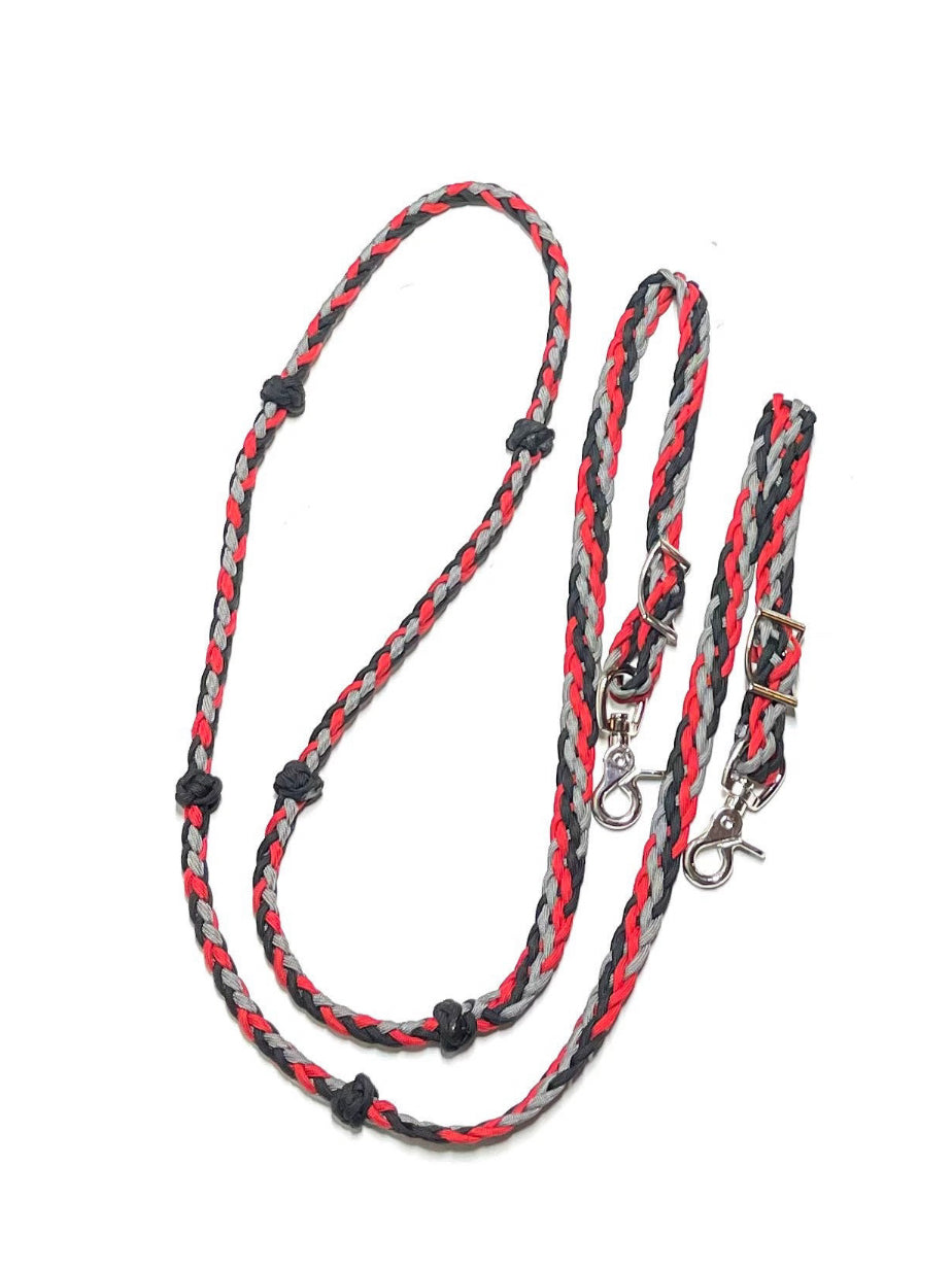 Barrel Reins, reins with grip knots red black and desert sand