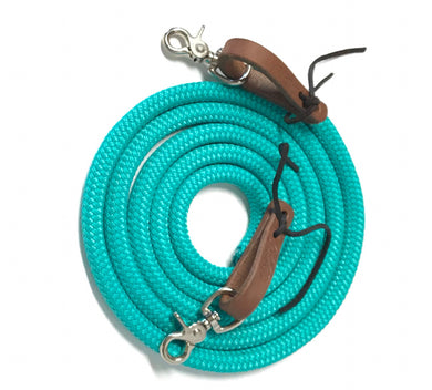 Red Yacht rope reins with brown or black leather water loops teal