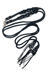 Fancy braided split rein in black  with genuine sodalite and amethyst gemstones...beautiful yet practical