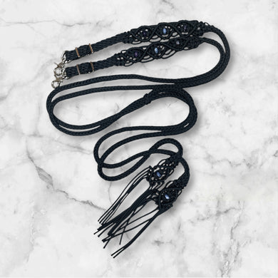 Fancy braided split rein in black  with genuine sodalite and amethyst gemstones...beautiful yet practical