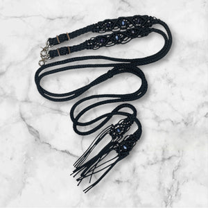 Fancy braided split rein in black  with genuine sodalite and amethyst gemstones...beautiful yet practical