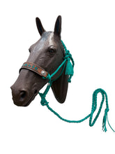 PERSONALIZED Green turquoise Braided mule tape horse halter  leather noseband with flat noseband