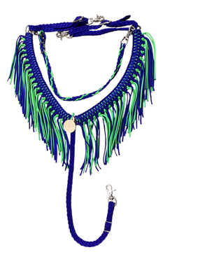 Electric Blue and neon green  fringe breast collar with wither strap.