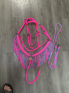 Hot Pink and light Teal Tack set with barrel reins …. All sizes.