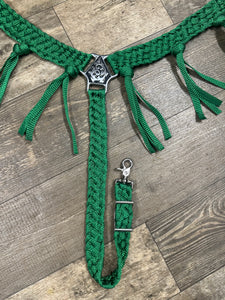 horse breast collar  and one ear headstall in leather and mule tape green