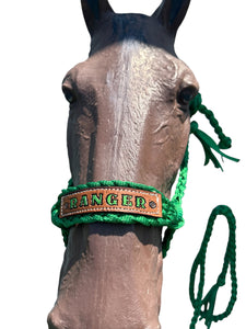 Personalized Kelley Green Braided mule tape horse halter with lead